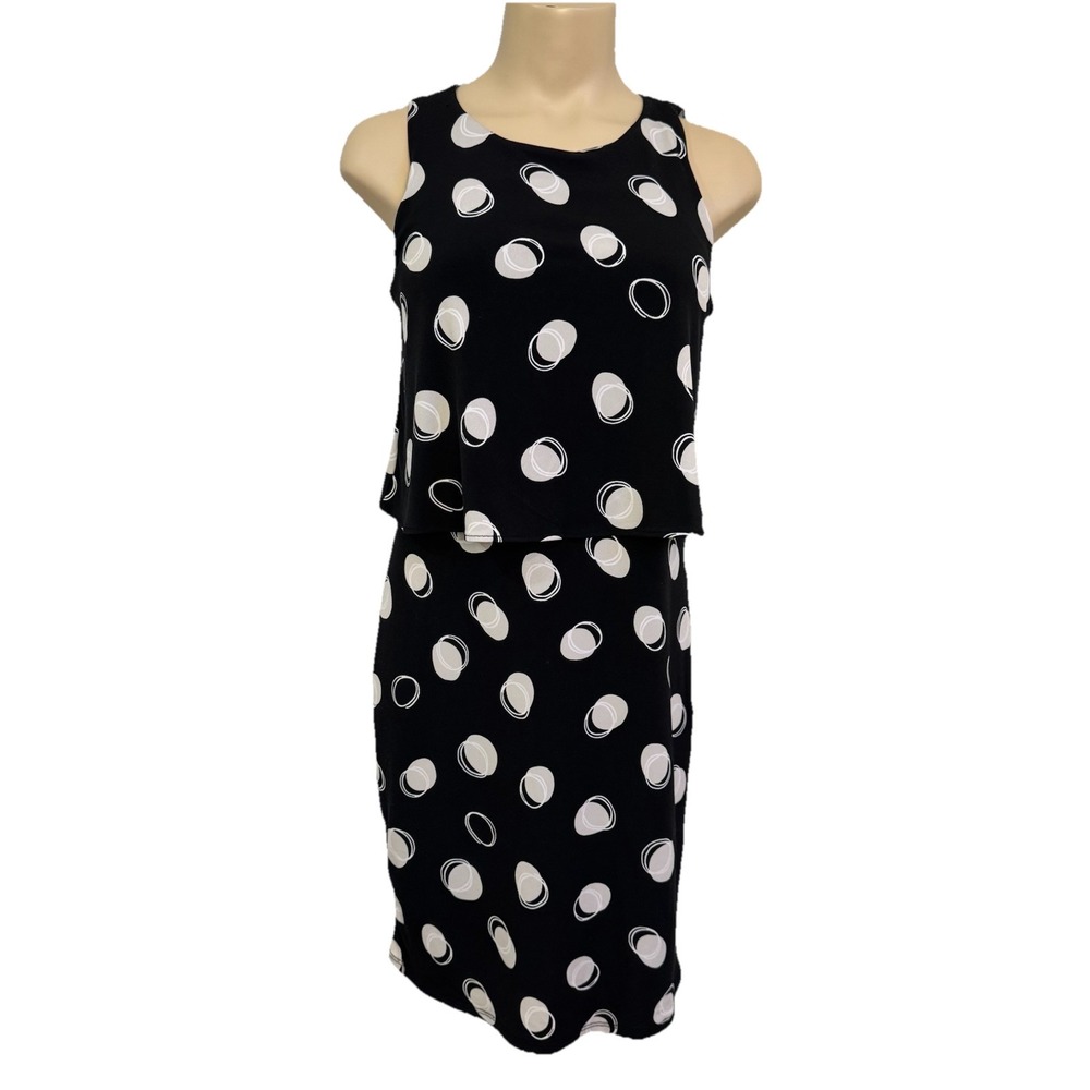 Black Dress White Polka Dot Tiered Sheath Small Sleeveless Keyhole Career Twee